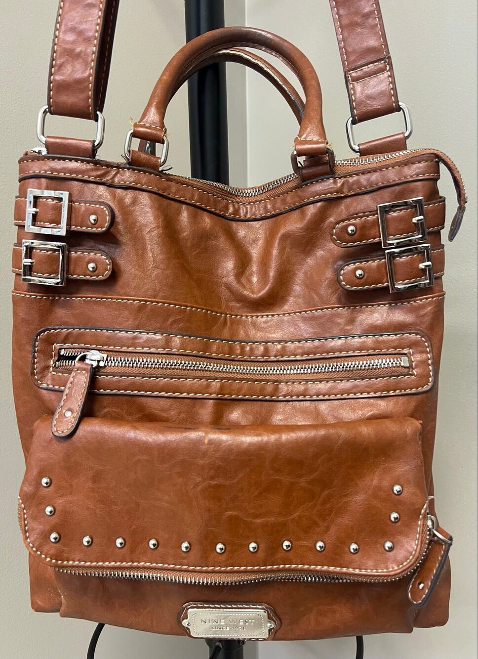 Nine West Brown Y2K Studded Buckle Tote Shoulder Bag Moto Boho Purse